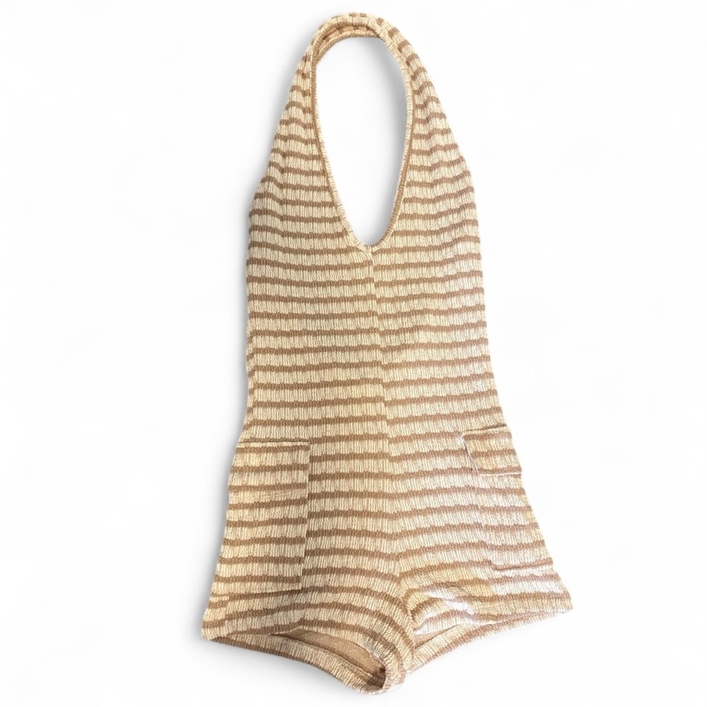Striped Knit Halter Romper in Beige and Cream